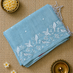 Linen Zari Saree with Pretty Bird Embroidery