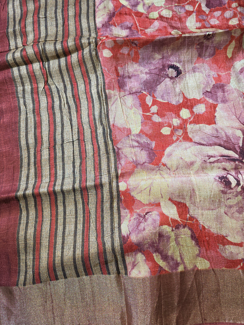 Rust Floral Printed Tussar Saree