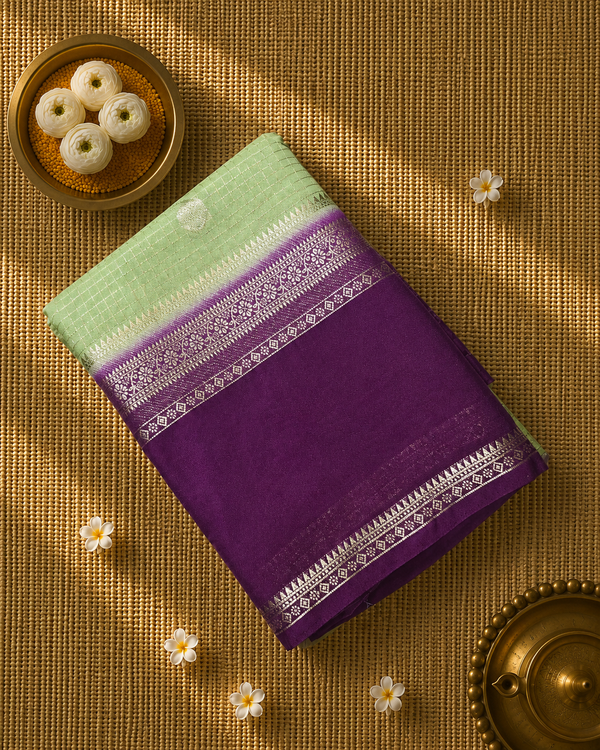 Premium Semi Mysore Crepe with Vintage Checks and Gap Border