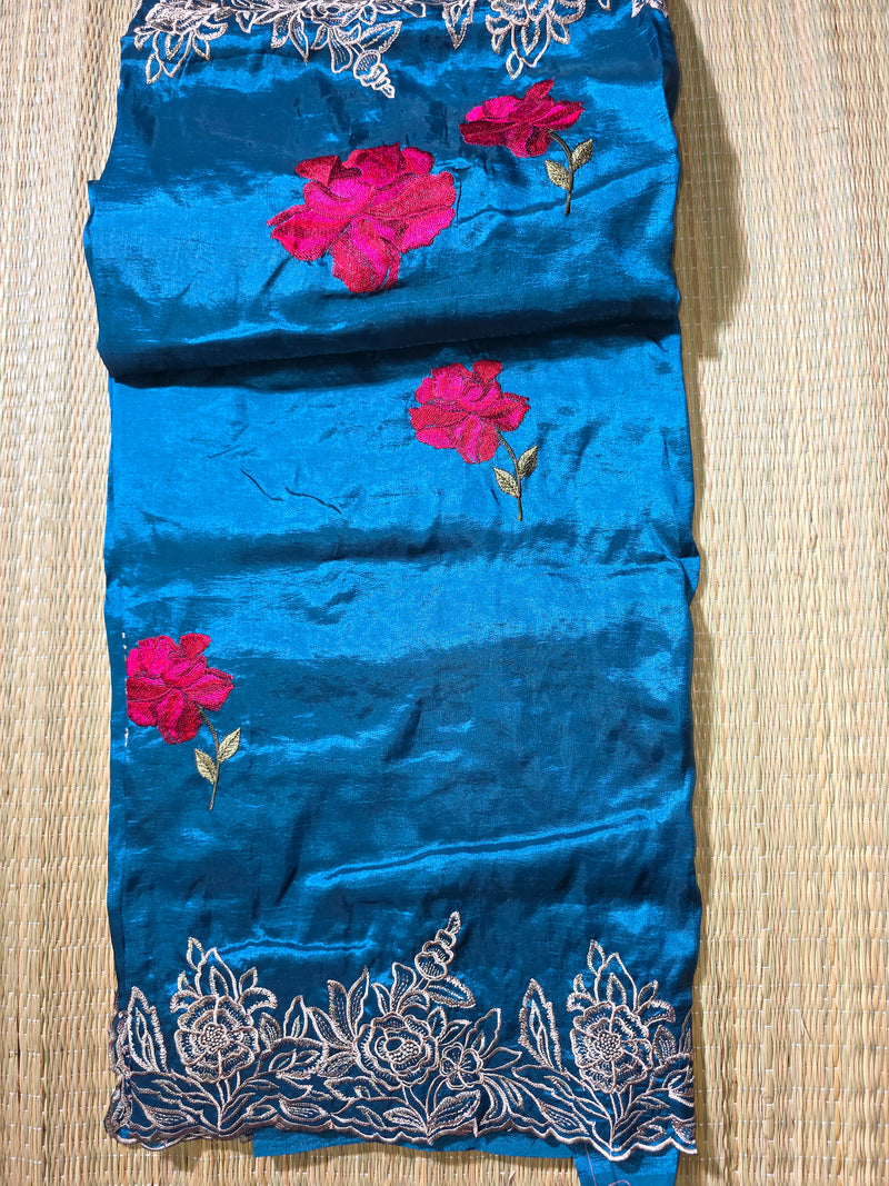 Pure Raw Silk Saree with Scalloped Border and Embroidery