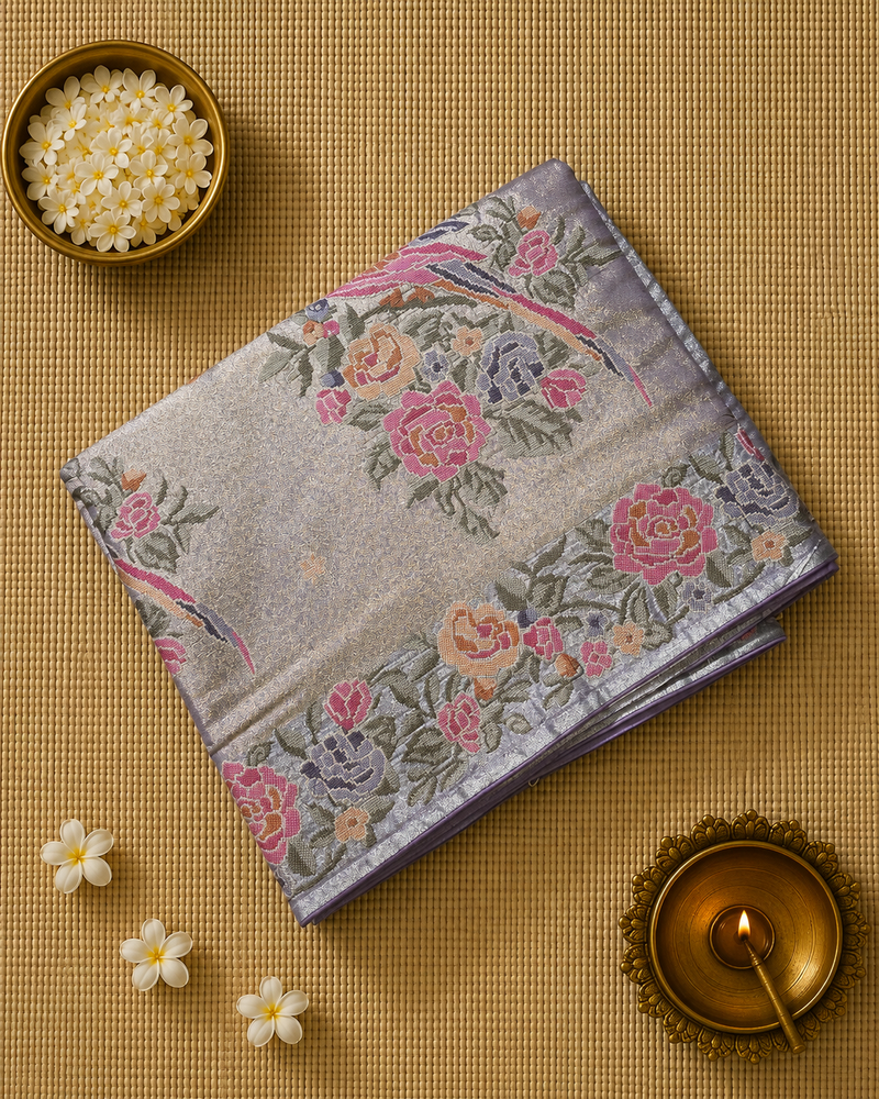 Pure Kora TissueSaree with Exquisite Petit Point Embroidery