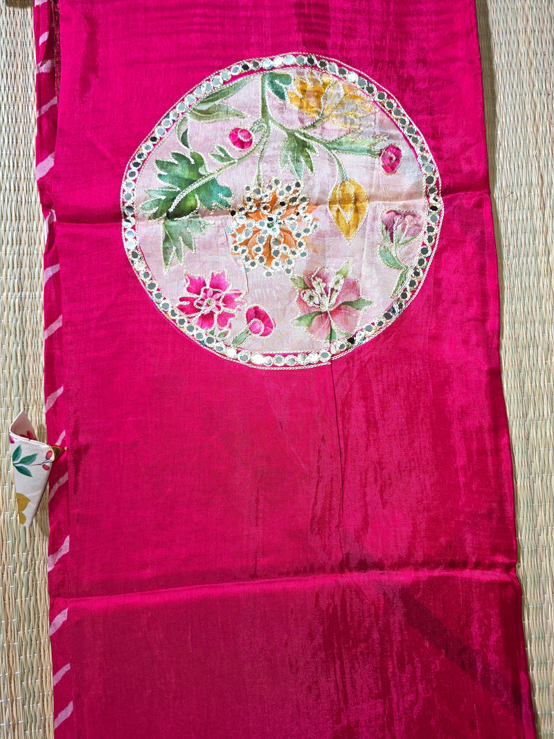 Pure Dola Silk Patli Style Saree with Applique , Aari and Mirror work