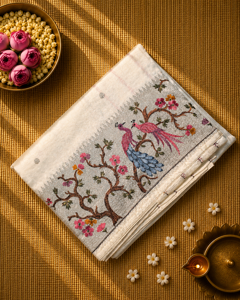 Pure Raw Silk with 10 inch Paithani Border in German Silver