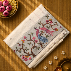 Pure Raw Silk with 10 inch Paithani Border in German Silver