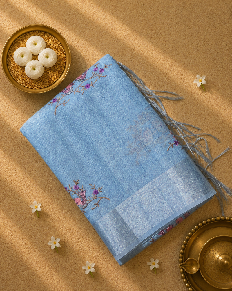 Linen Tissue Saree with Bird Motifs