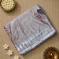 Pure Kora TIssue Saree with Temple Border and BIrd Motifs