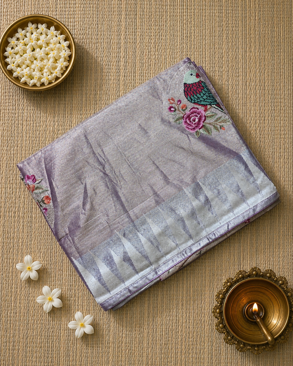 Pure Kora TIssue Saree with Temple Border and BIrd Motifs