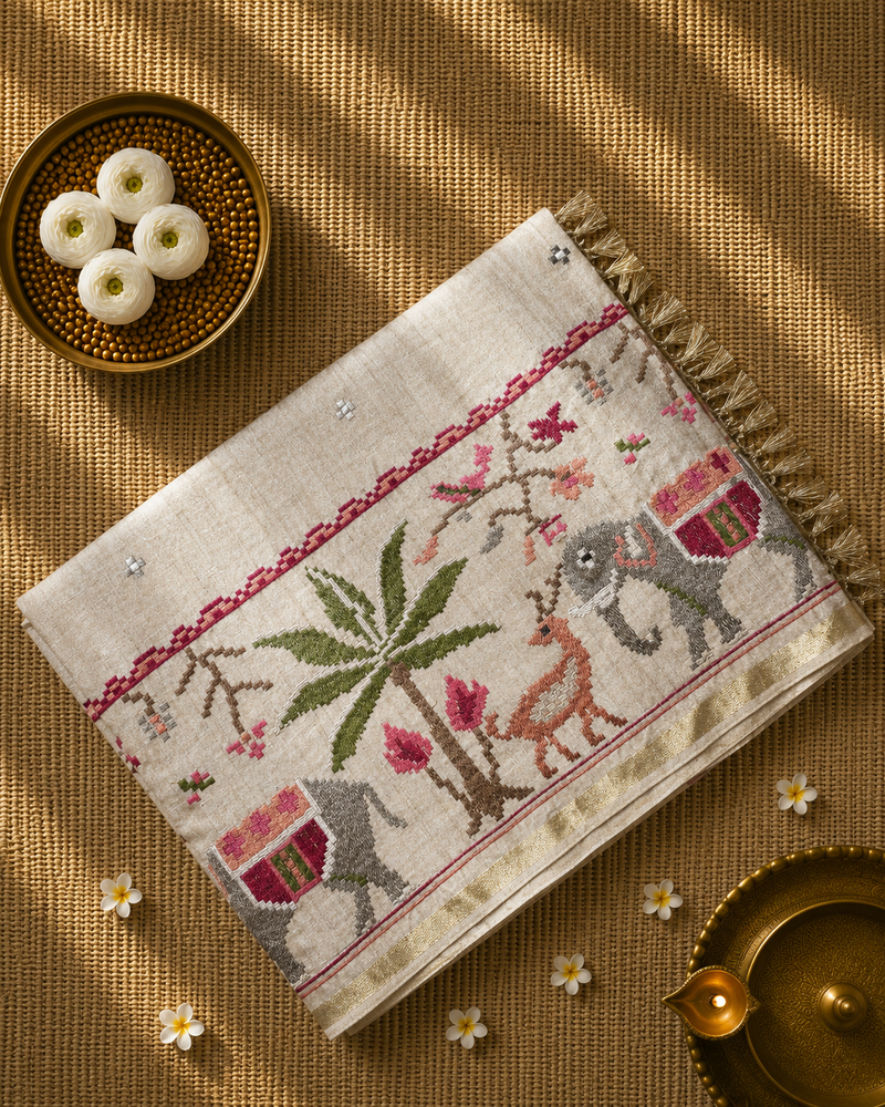 Pure Handloom Tussar Silk Saree with Embroidery and sequins in Muslin Pallu