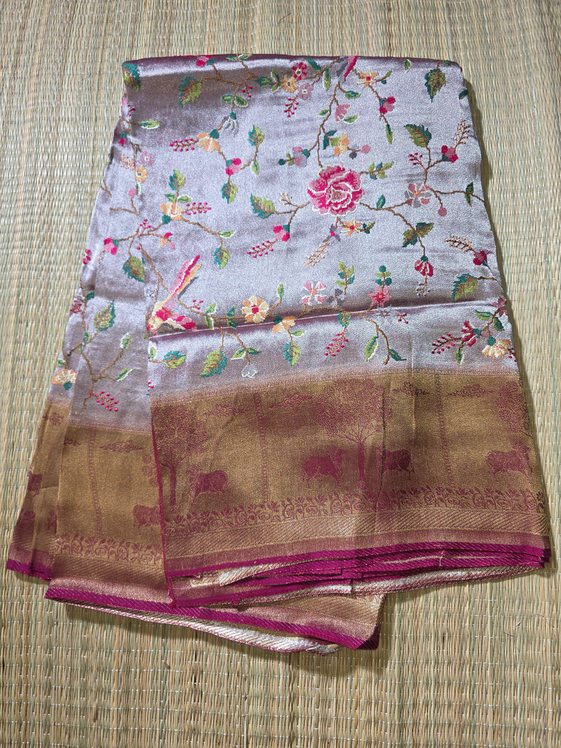 Pure Banarasi Tissue Saree with Pichwai Border and Contrast Blouse