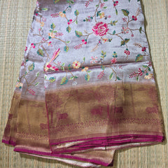 Pure Banarasi Tissue Saree with Pichwai Border and Contrast Blouse