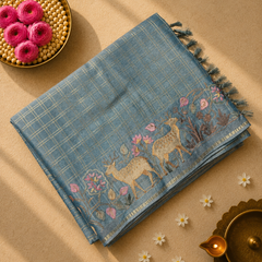 Tussar Saree with Zari checks and Embroidery