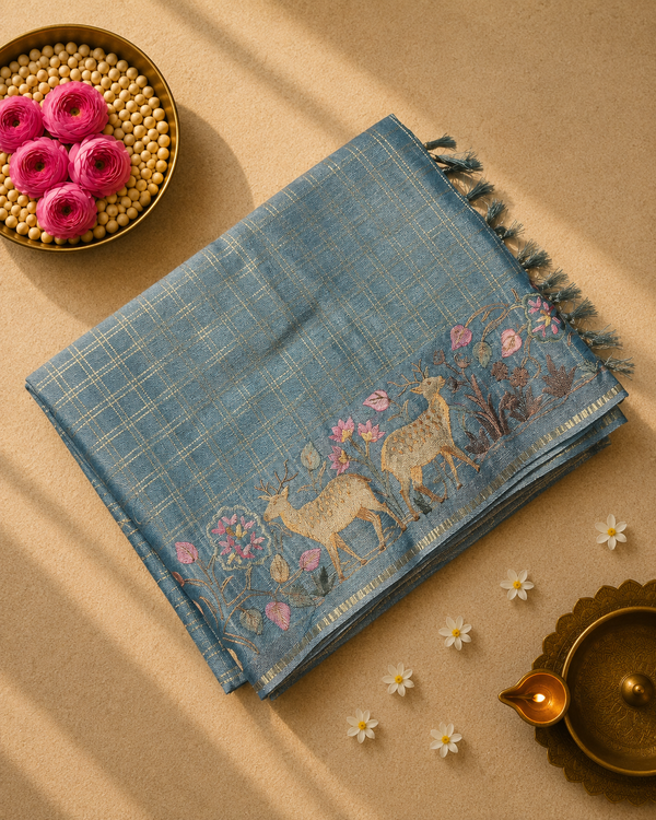 Tussar Saree with Zari checks and Embroidery