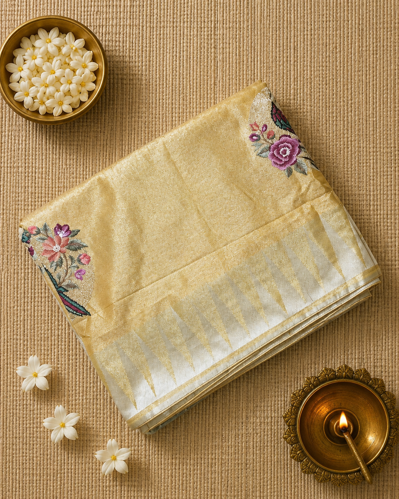 Pure Kora TIssue Saree with Temple Border and BIrd Motifs