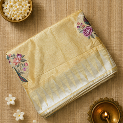 Pure Kora TIssue Saree with Temple Border and BIrd Motifs