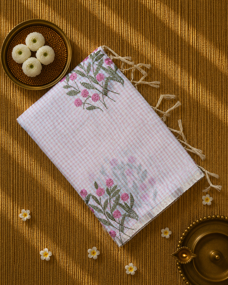 Linen Zari Saree in Checks and Floral Embroidery with Plain Blouse