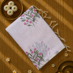 Linen Zari Saree in Checks and Floral Embroidery with Plain Blouse
