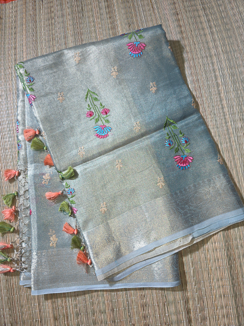 Kota Tissue Saree with Floral Embroidery