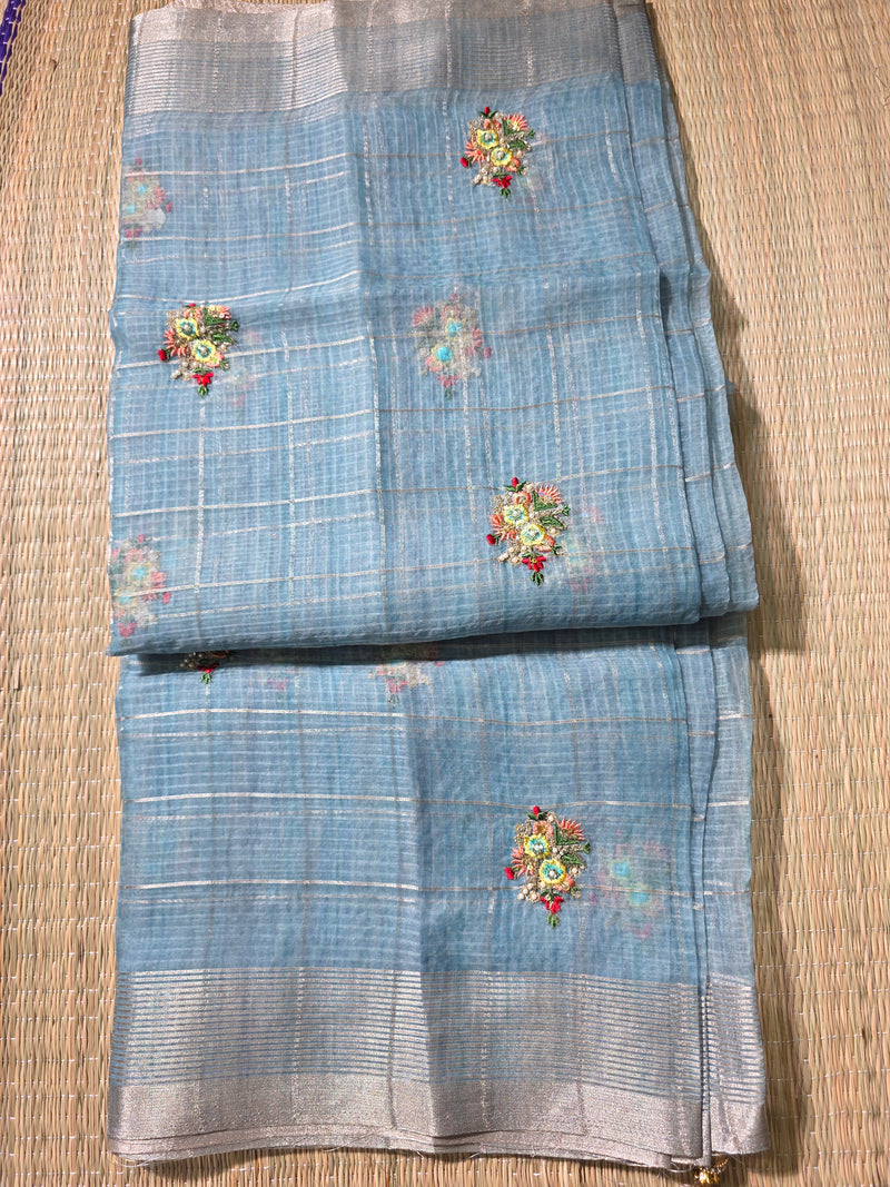 Blue Linen Zari Saree with Pearl Embroidered motifs