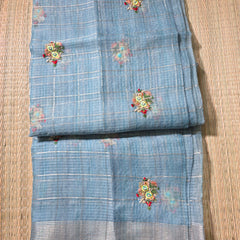 Blue Linen Zari Saree with Pearl Embroidered motifs