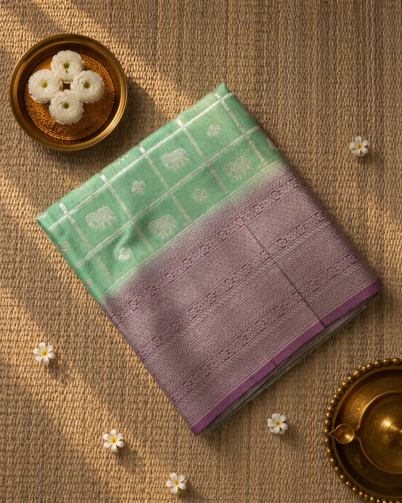 Premium Semi Mysore Crepe with Elephant motifs ,Rich Pallu and Ganga Jamuna Border