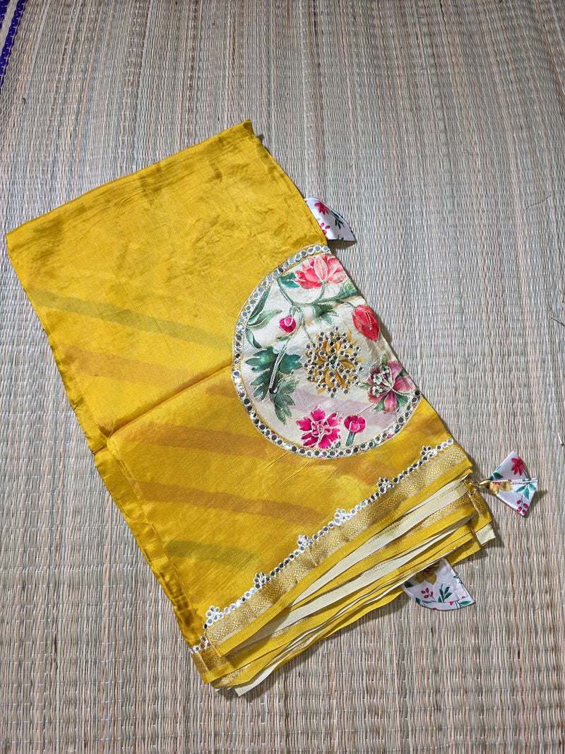 Pure Dola Silk Patli Style Saree with Applique , Aari and Mirror work