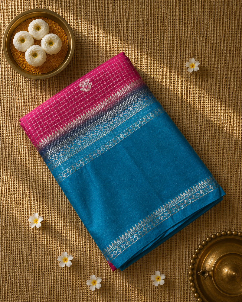 Premium Semi Mysore Crepe with Vintage Checks and Gap Border