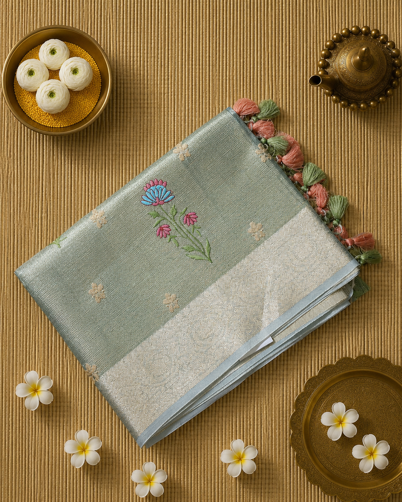 Kota Tissue Saree with Floral Embroidery