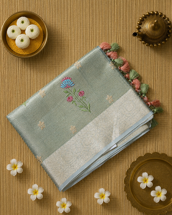 Kota Tissue Saree with Floral Embroidery