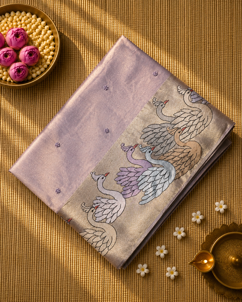 Pure Kora Tissue Silk Saree with Swan Embroidered borders