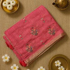 Linen Sari with Embroidered Motifs and Contrast Blouse