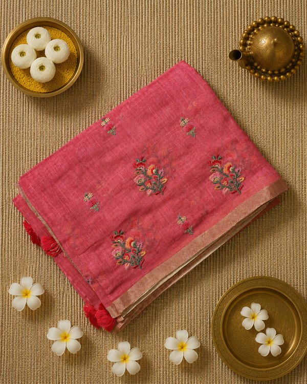 Linen Sari with Embroidered Motifs and Contrast Blouse