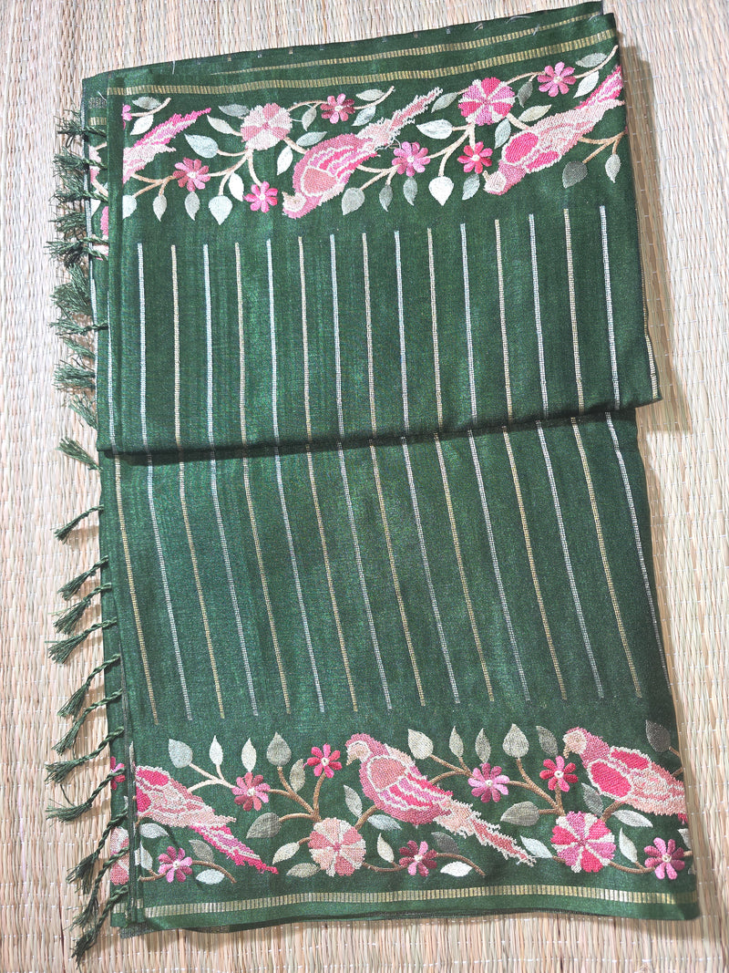 Pure Tussar Silk Saree with Vertical Zari Stripes and Embroidery