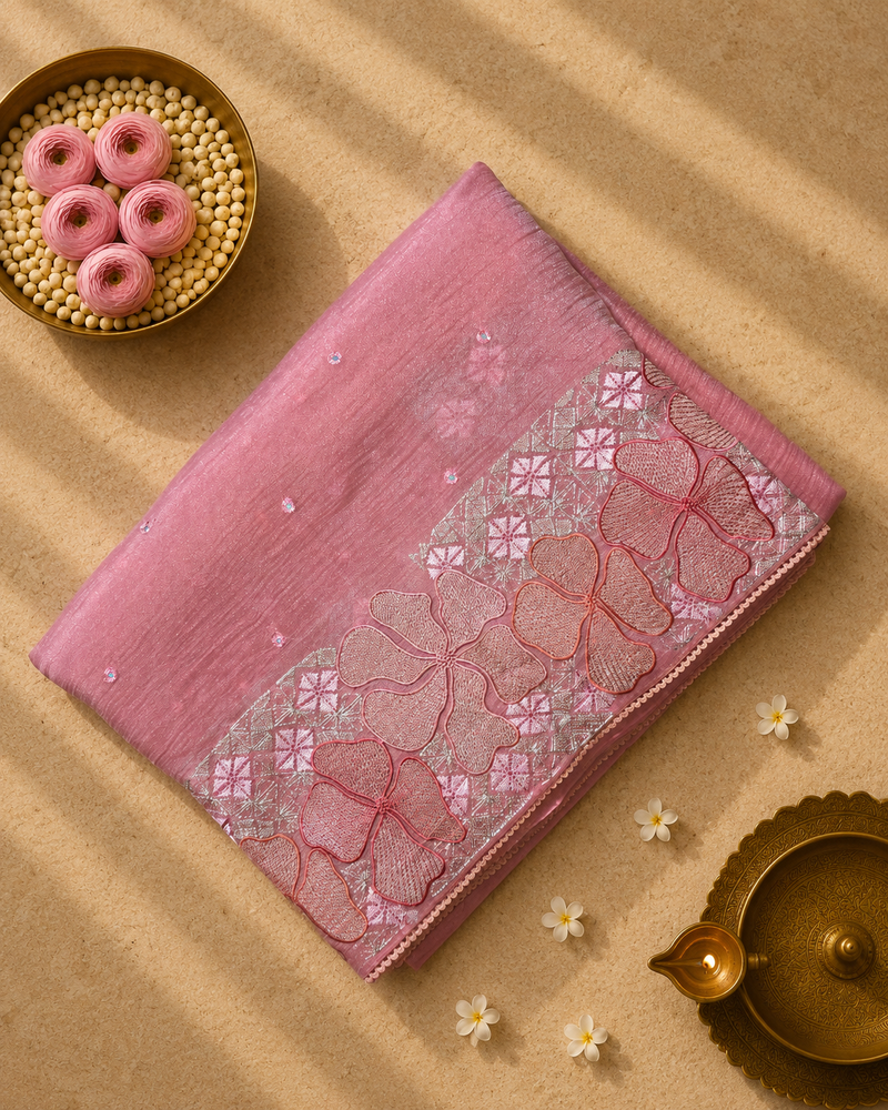 Crush Tissue Saree with Thread and Mirror Work