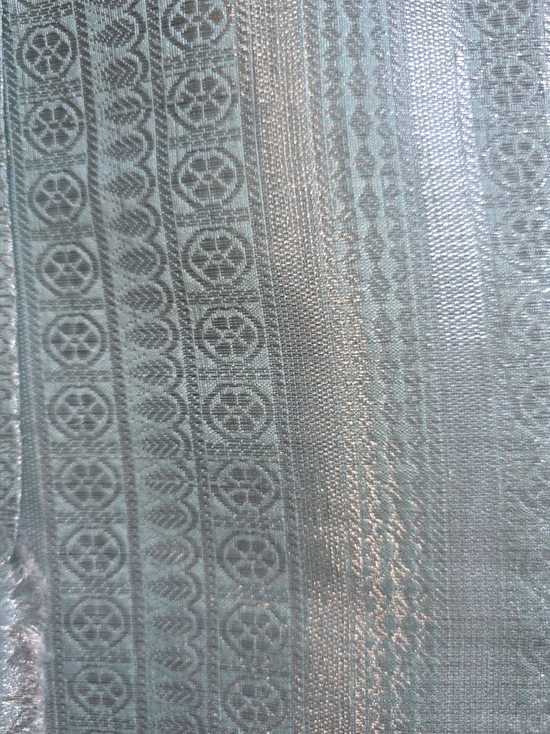 Blue Linen Tissue Saree with Silver Brocade Pallu and Blouse