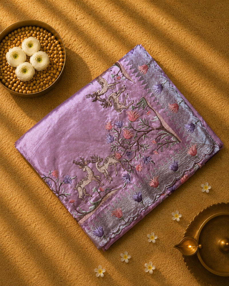 Pure Raw Silk with German Silver Border and Embroidery