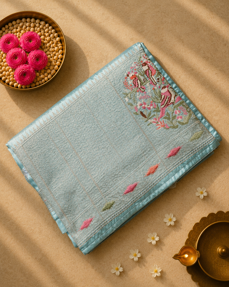 Pure Raw Silk Saree with 10 inch German Silver Border and Petit Point Work