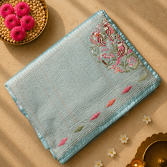 Pure Raw Silk Saree with 10 inch German Silver Border and Petit Point Work