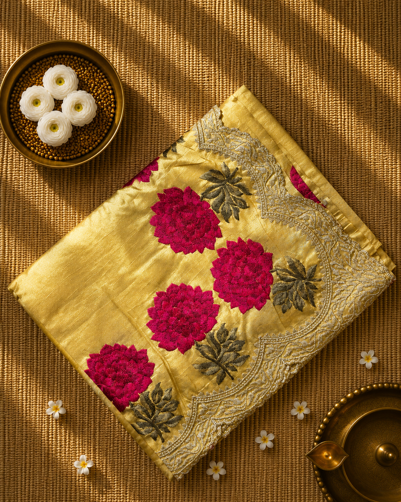 Pure Raw Silk Saree with Scallop Border and Embroidery