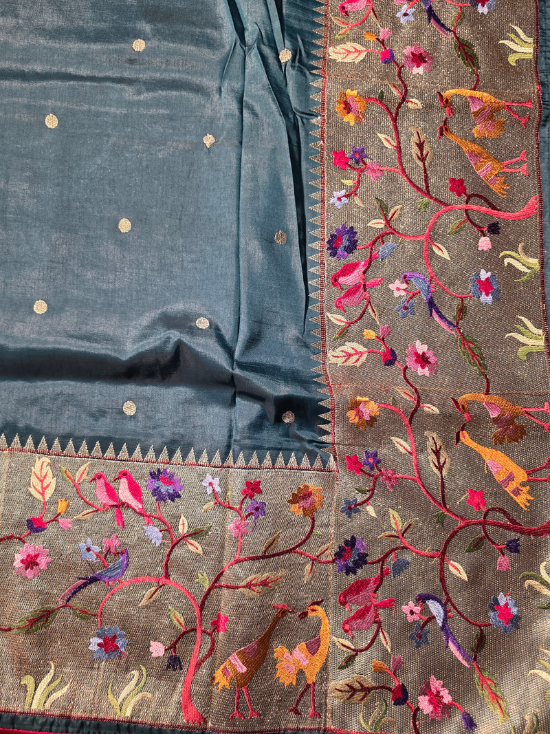 Pure Raw Silk Saree with 10 inch German Silver Paithani Border