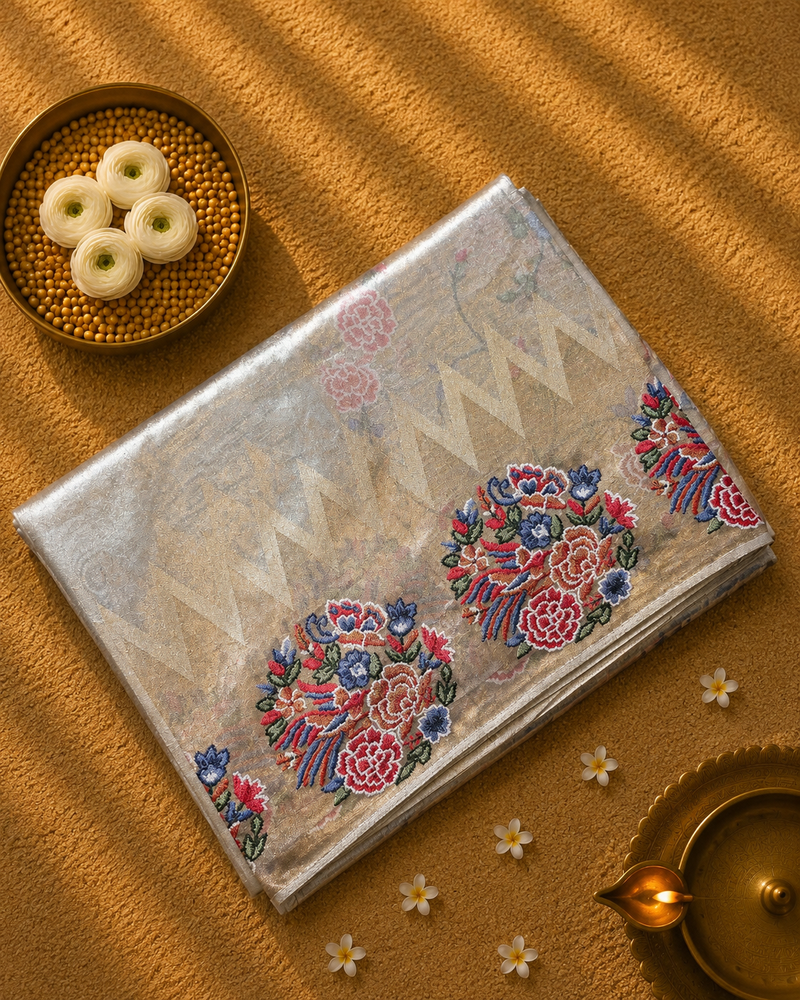 Pure Kora Tissue Saree with Petit Point Embroidery