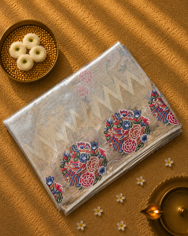 Pure Kora Tissue Saree with Petit Point Embroidery