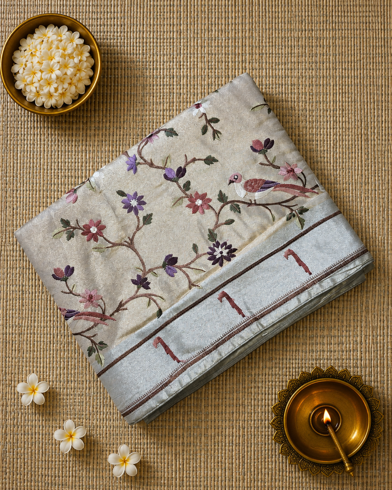 Pure Kora Tissue Saree with Muniya Border and Heavy Embriodery