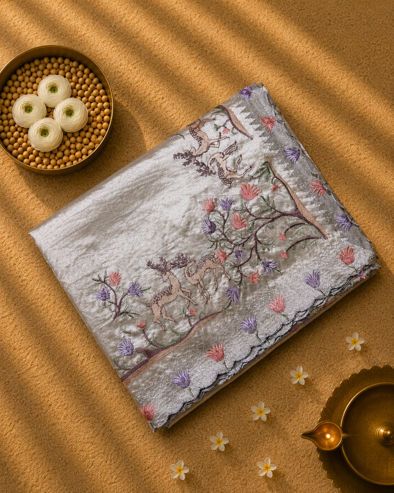 Pure Raw Silk with German Silver Border and Embroidery