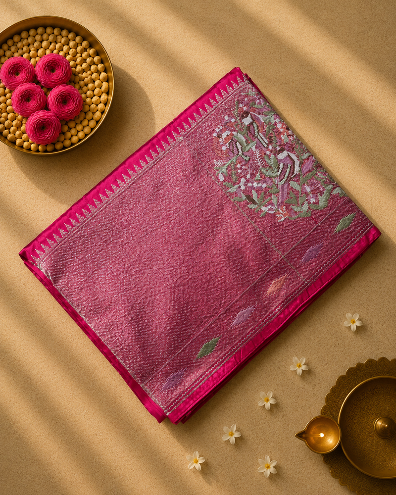 Pure Raw Silk Saree with 10 inch German Silver Border and Petit Point Work