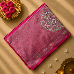 Pure Raw Silk Saree with 10 inch German Silver Border and Petit Point Work