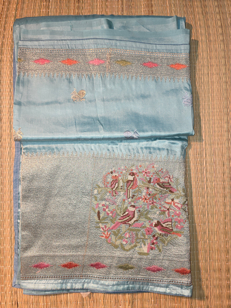 Pure Raw Silk Saree with 10 inch German Silver Border and Petit Point Work
