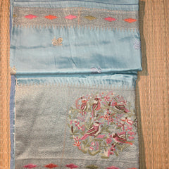 Pure Raw Silk Saree with 10 inch German Silver Border and Petit Point Work
