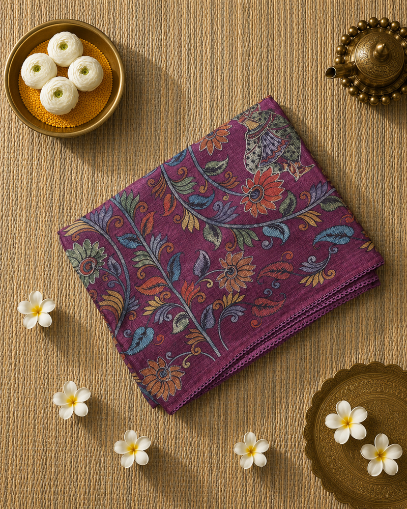 Kalamkari Printed Silk Kota Saree with Aari Work