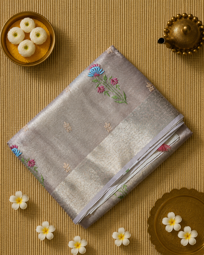 Kota Tissue Saree with Floral Embroidery