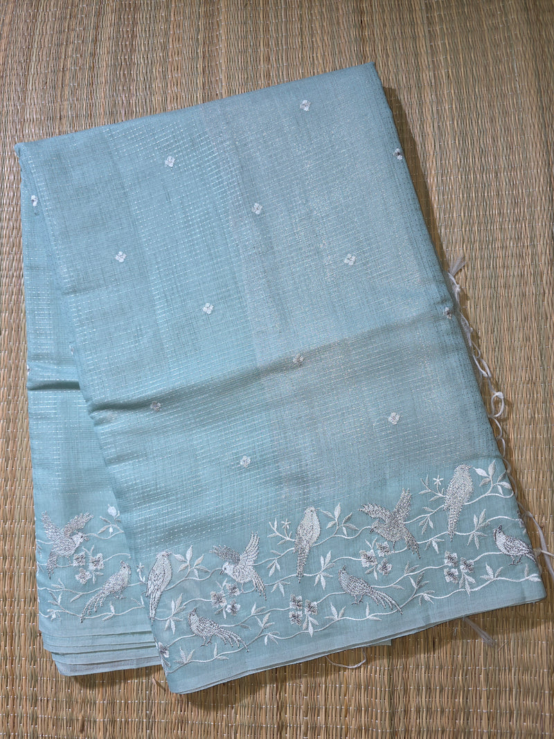 Linen Zari Saree with Pretty Bird Embroidery